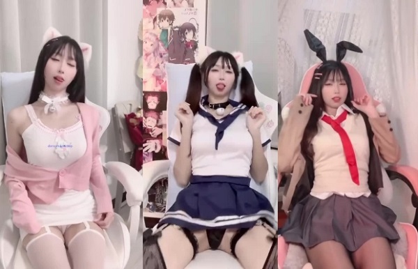 抖音 小奶猫 双马尾萝莉 坐在椅子上摇表情给力25v